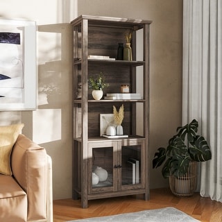 3 Tier Farmhouse Style Storage Cabinet Bookshelf with Glass Doors