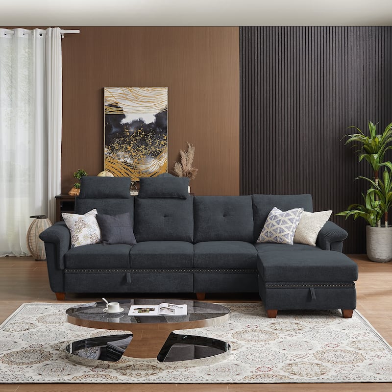 109" Modern 4 Seaters Towelling Sectional Sofa with Hidden Coffee Table Adjustable Headrest and Large Storage Space