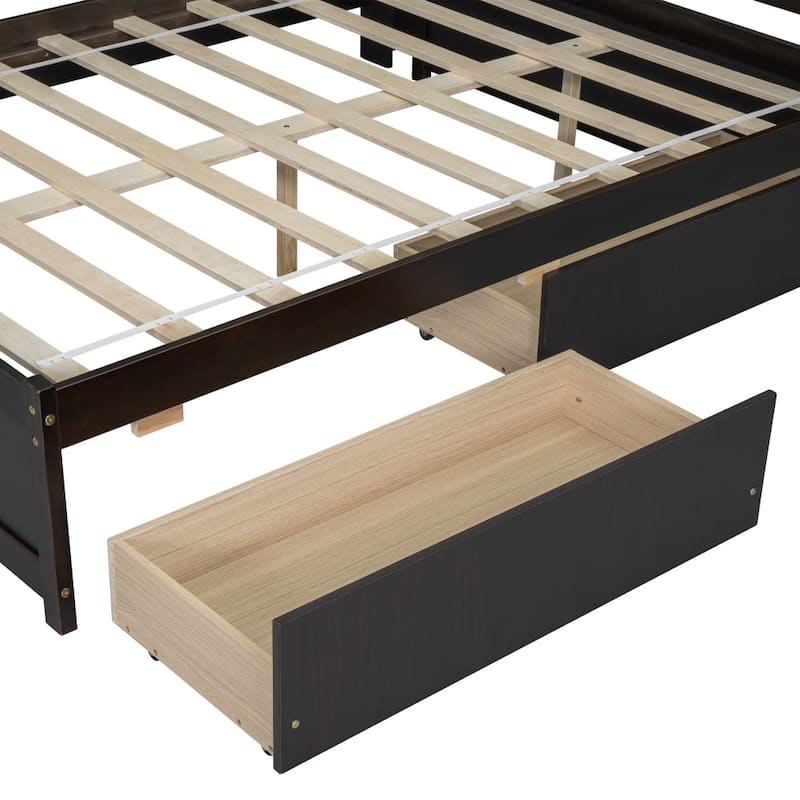 Full Size L-shaped Bookcases Bed with Power Outlets, USB Charging Ports and Two Drawers