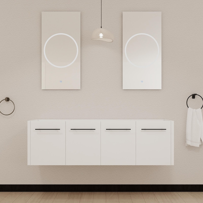 Modern 60 Inch Wall-Mounted Bathroom Vanity Base with Soft-Close Doors, No Sink Included - Glossy White