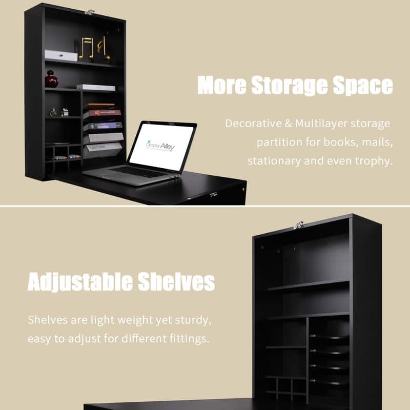 Utopia Alley Collapsible Fold Down Desk Table with Storage Cabinet & Shelves - Wall Mounted Desk Furniture with Chalkboard Wall