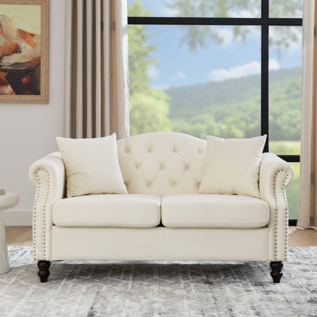 57" Chesterfield Sofa Grey Velvet for Living Room, 2 Seater Sofa Tufted Couch with Rolled Arms and Nailhead