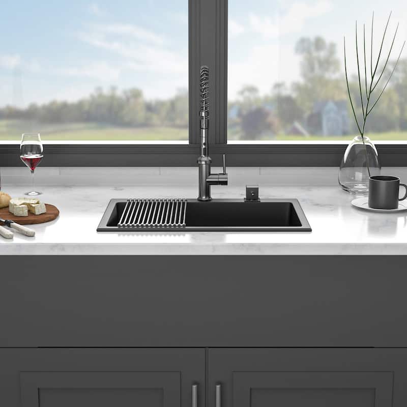 Drop-in Single Bowl Black Bowl Quartz Kitchen Sink Basin