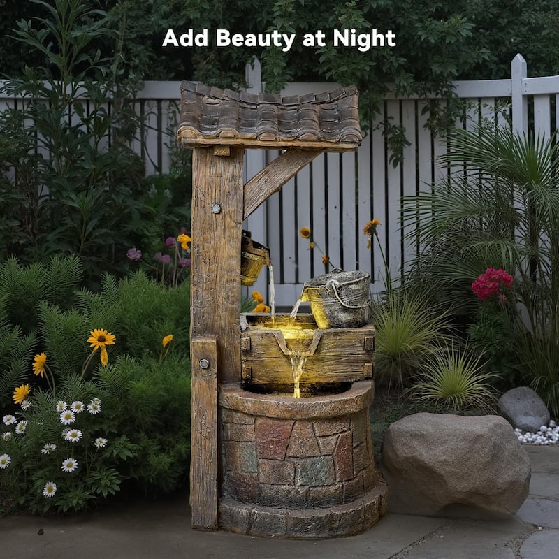 Vbal Hand Crafted Rustic Well Pump and Bucket Water Fountain with LED Lights