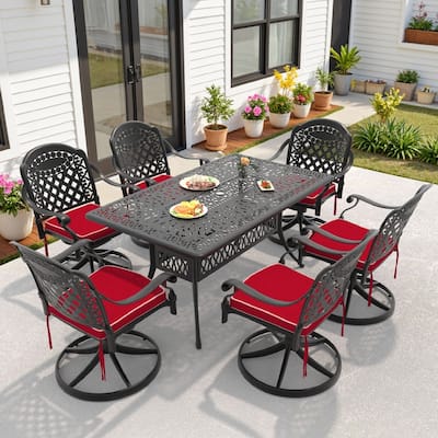 7-Piece Aluminum Rectangular Outdoor Patio Dining Set, 6 Cushioned Swivel Chairs, Table, All-Weather Frames