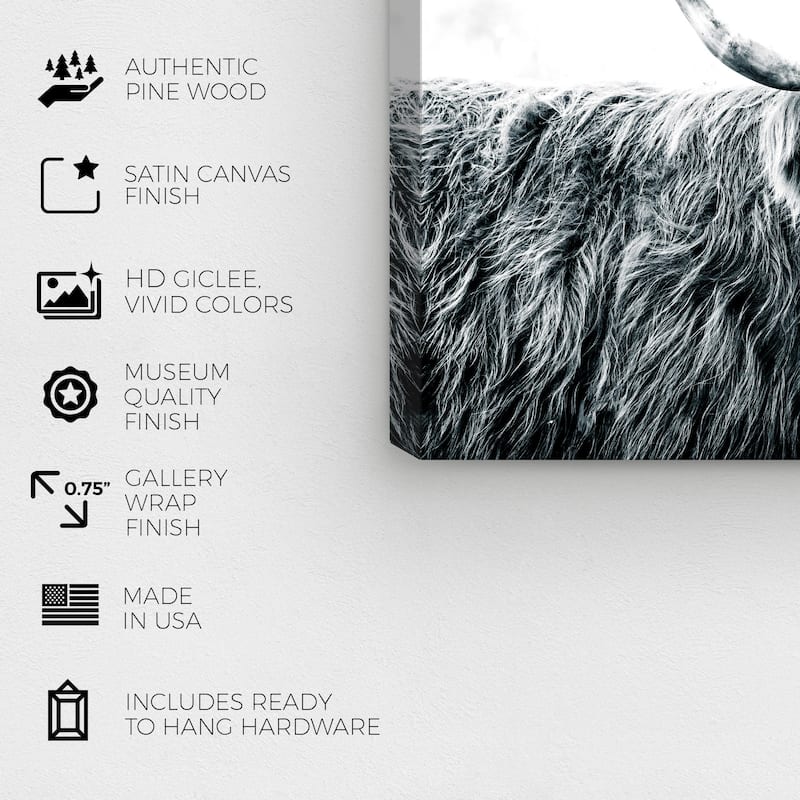 Wynwood Studio Canvas Animals Highland Cow Black and White White and Farmhouse Wall Art Canvas Print