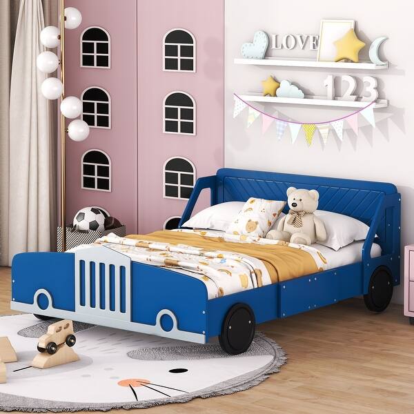 slide 2 of 10, Full Size Car-Styled Platform Bed with Wheels , Unique Design and Solid Construction for Eye-Catching Bedrooms