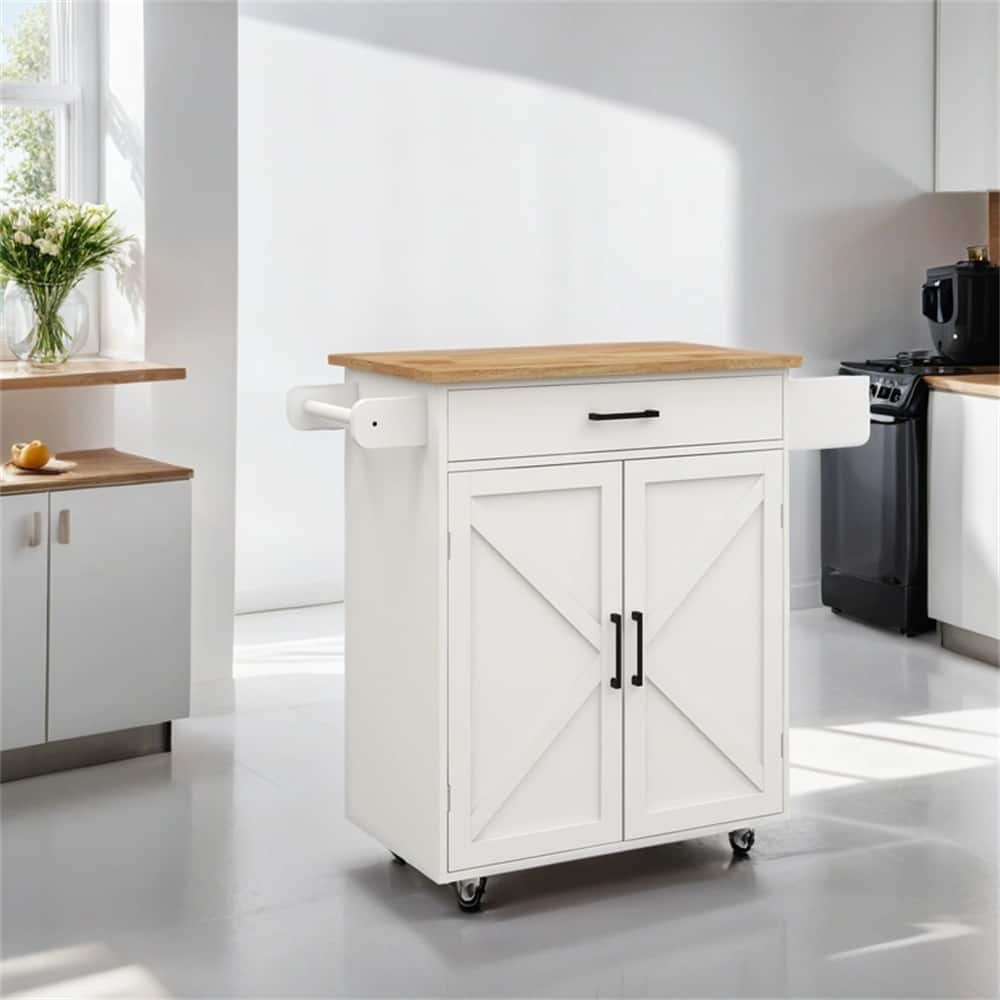 Kitchen Island Rolling Trolley Cart w/Adjustable Shelves,Wood Tabletop