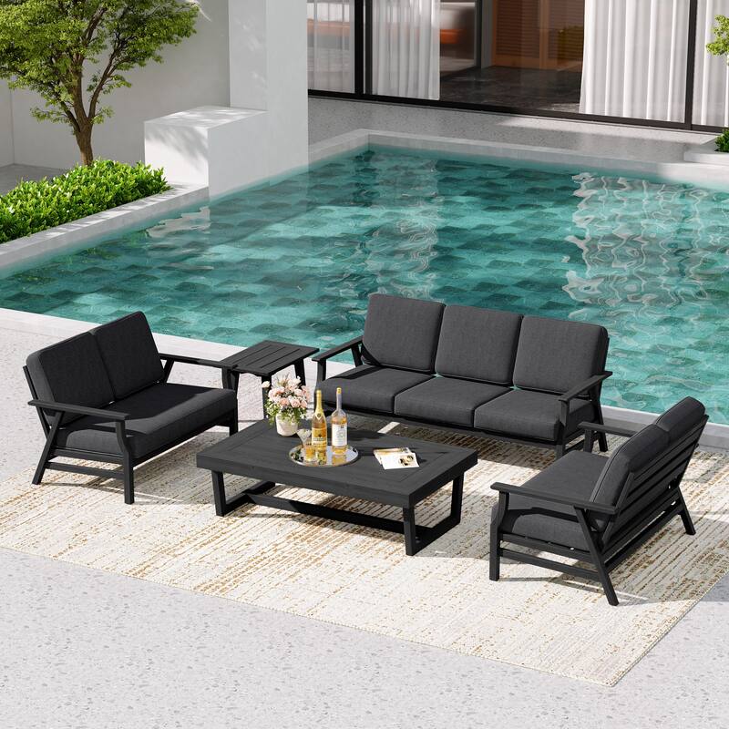 Teak Outdoor Seating Set with Daybed & Tables.