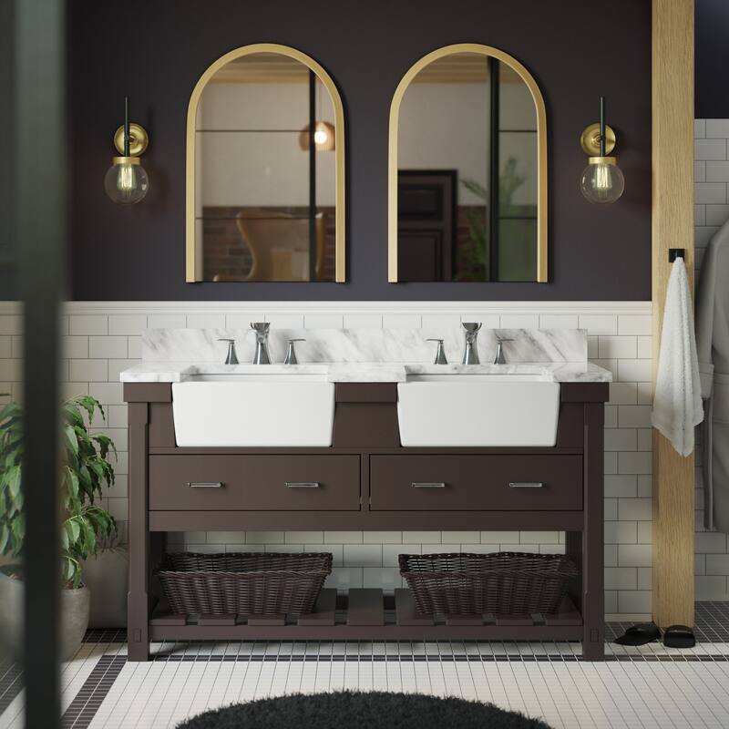 KitchenBathCollection Charlotte 60" Double Farmhouse Vanity with Carrara Marble Top - Chocolate