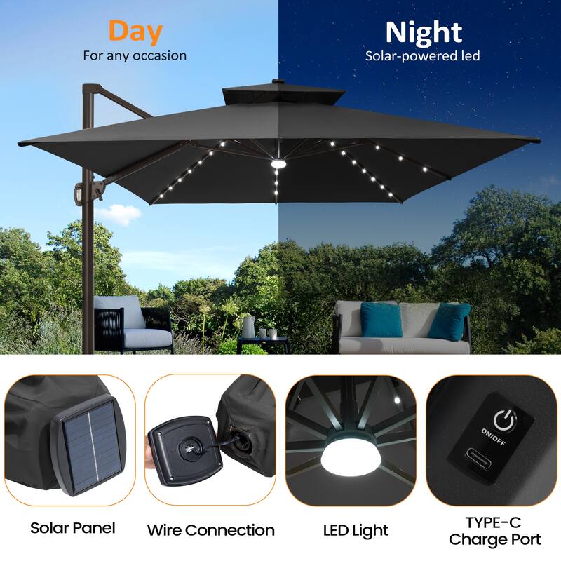 Solar LED Light 9 x 11FT Rectangular Outdoor Cantilever Patio Daul Top Umbrella without Base