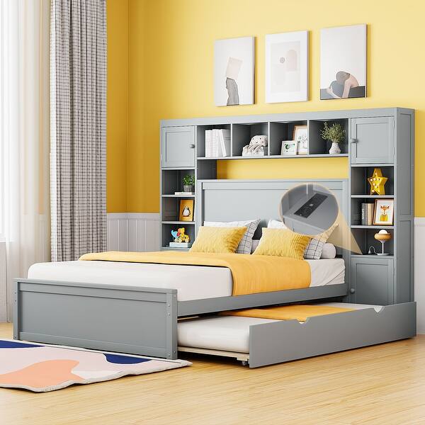 slide 2 of 54, Full Size Wooden Bed with All-in-One Cabinet, Shelf, Sockets & Twin Trundle - Stylish and Functional in Grey