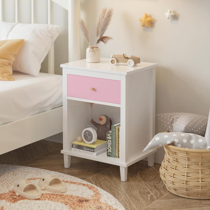 Anmytek Modern Pink Nightstand with One Drawer and Open Shelf for Bedroom Bedside Table with Golden Handle 26-inch Height - Bright White