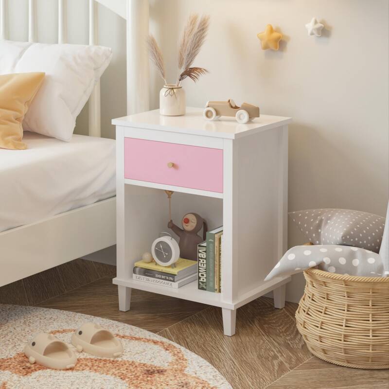 Pink and Gold Wooden Nightstand with Drawer and Shelf for Kids and Adults - Pink