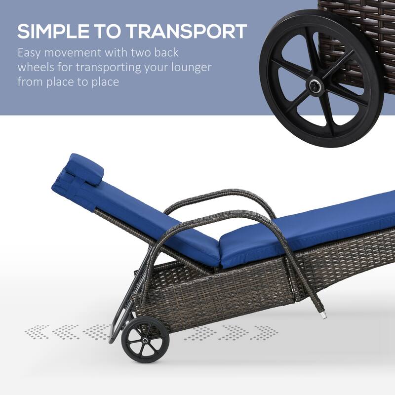 Outsunny Wicker Outdoor Chaise Lounge, 5-Level Adjustable Backrest Pe Rattan Pool Lounge Chair With Wheels, Cushion & Headrest