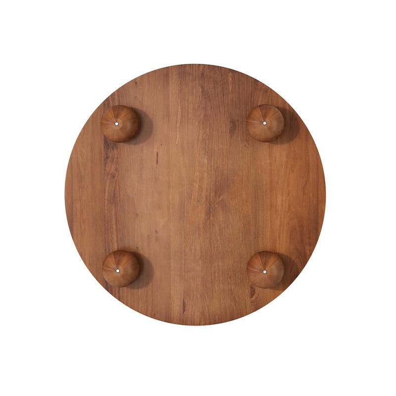 Walnut Round Fluted Coffee Table End Table with Storage, Rustic Side Table Center Table with Sliding Door