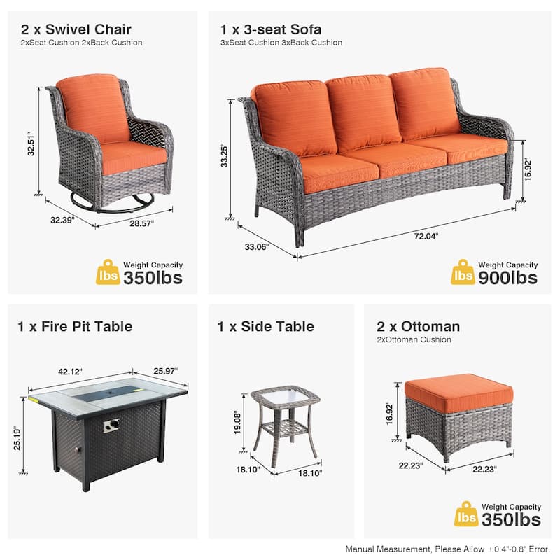 OVIOS 7-piece Patio Swivel Chair Set with 42" Fire Table