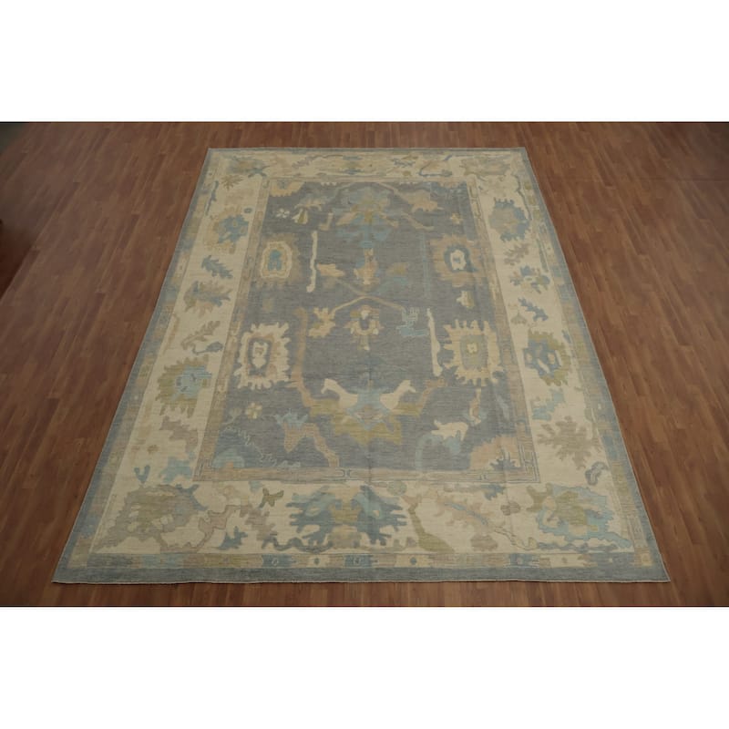 Hand Knotted Oriental 100% Wool Carpet Transitional All-Over Greys & Charcoal Oushak Area Rug - 14' 0'' X 10' 2''
