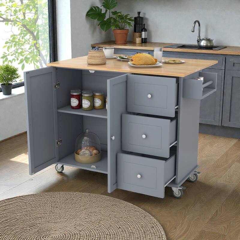 52.7" Rolling Kitchen Island with Solid Wood Top, Drop Leaf Breakfast Bar, Storage Cabinet, Wheels