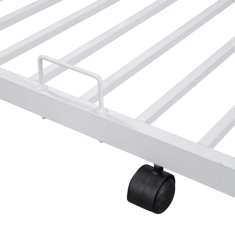 Twin over Full Size Metal Bunk Bed with Trundle, Heavy-duty Sturdy Metal, Noise Reduced, Safety Guardrail, Wooden Decoration