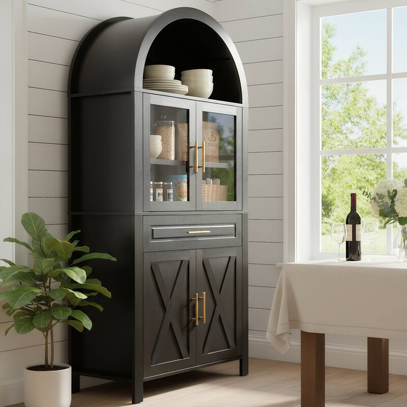 Arched Kitchen Pantry Cabinet, Storage Cabinet with Large Drawers, Display Cabinet with Glass Doors & Adjustable Shelves