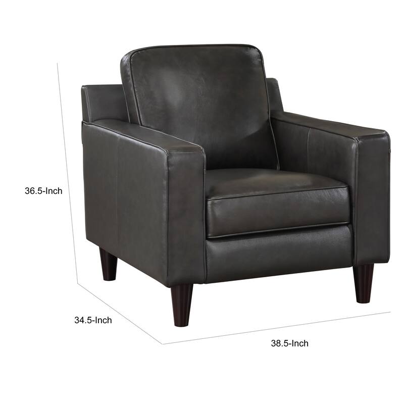 Richie 39 Inch Accent Chair, Gray Top Grain and Faux Leather, Solid Wood