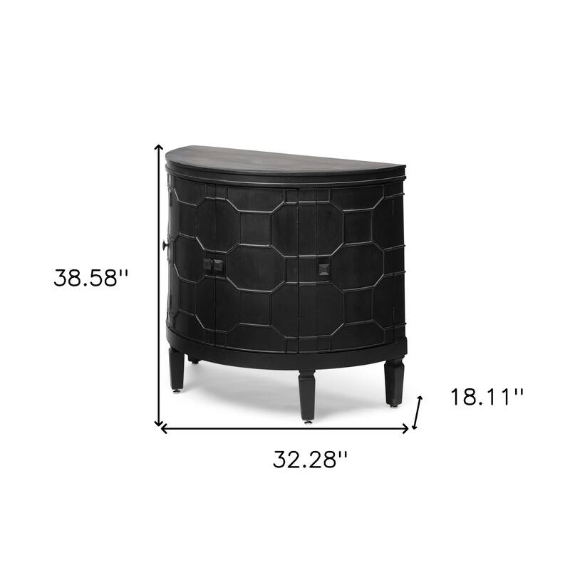 HomeRoots 39" Black Wood Demilune Carved Geometric Accent Cabinet With Four Doors