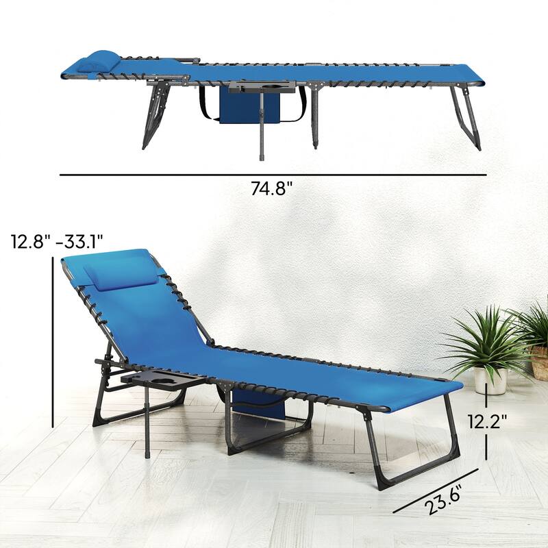 Outsunny Folding Chaise Lounge Chair Outdoor Tanning Chair with Side Table, 5-Level Adjustable Beach Lounge Chair with Headrest