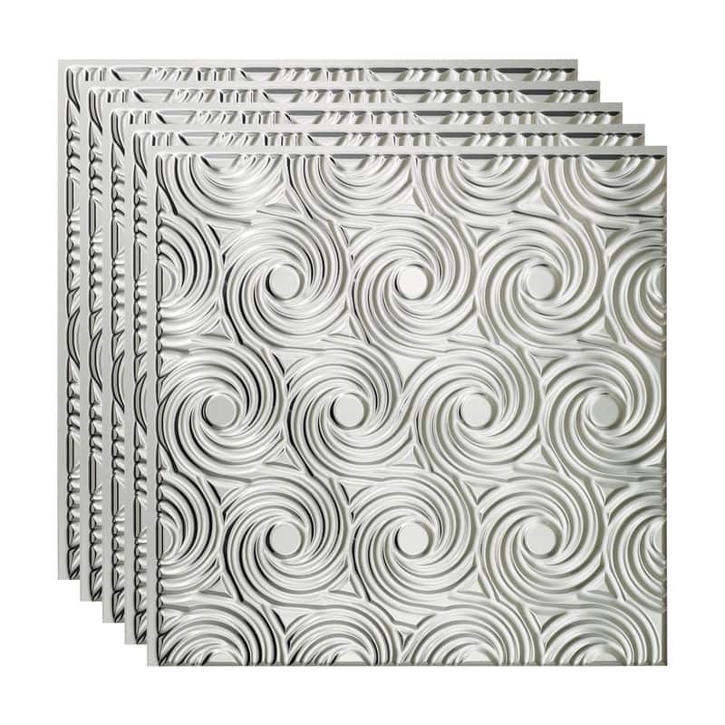 FASÄDE Cyclone Decorative Vinyl 2ft x 2ft Glue Up Ceiling Panel in Gloss White 5 Pack - 5 Pack - Brushed  Aluminum