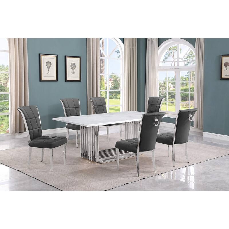 Best Quality Furniture D312/3-SC320-7 Dining Set with 79" White Marble Top - 7-Piece - Dark Grey / Silver