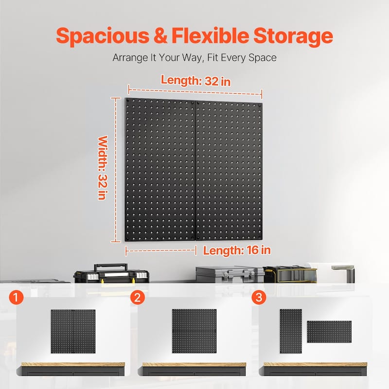 Black Steel Pegboard Panels with Volcanic Holes, 88 lbs Capacity - 16" L x 0.75" W x 32" H