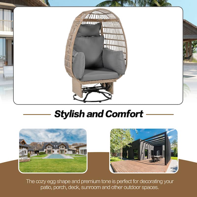 Outdoor Swivel Chair with Cushions, Rattan Egg Patio Chair with Rocking Function for Balcony, Poolside and Garden
