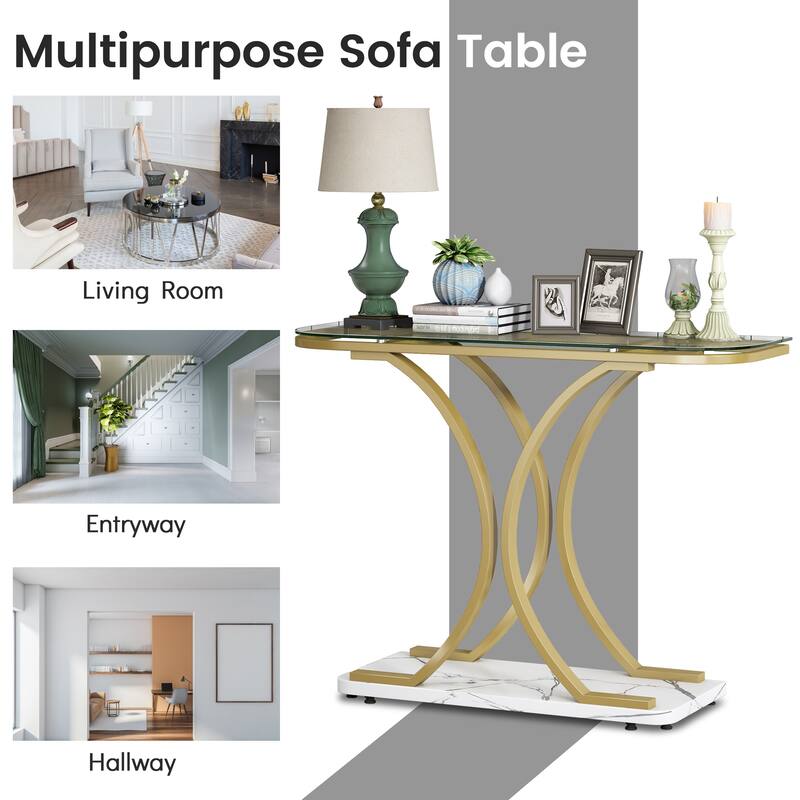 Myhozm 43.31 inches Glass Console Table with Geometric Base, Entrance Side Table for Hallway, Living Room