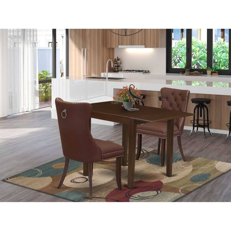 HomeStock 3-Pc Mahogany Finish Rectangular Solid Wood Top with Butterfly Leaf Dining Table Set