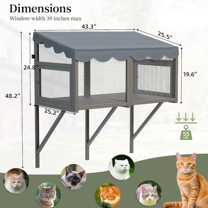 Secure Comfortable Wooden Window Box Enclosure for Cats - Gray