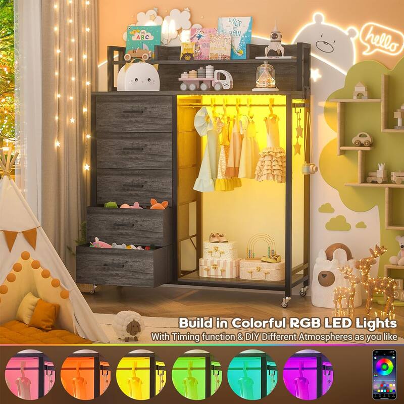 5 Drawers Dresser with Charging Station & LED Lights, Chest of Drawers with Hanging Rod ＆ Lockable Wheels ＆ Storage Shelves