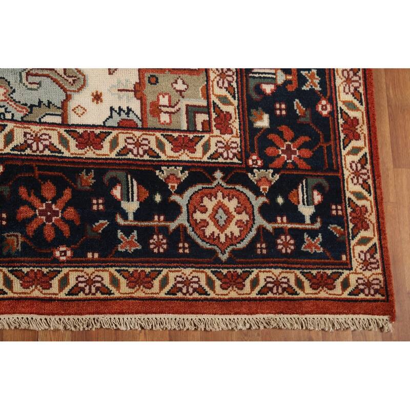 Geometric Heriz Serapi Indian Area Rug Handmade Orange Wool Carpet - 8'11"x 11'9"
