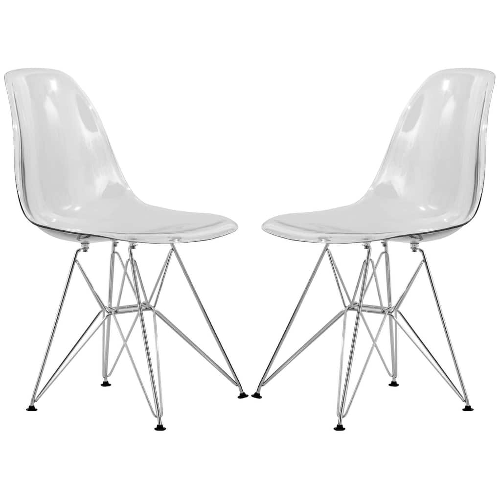 Cresco Set of 2 Transparent Acrylic Chairs with Chrome Eiffel Legs - Modern Dining Chairs for Kitchen Dining Room Home Office