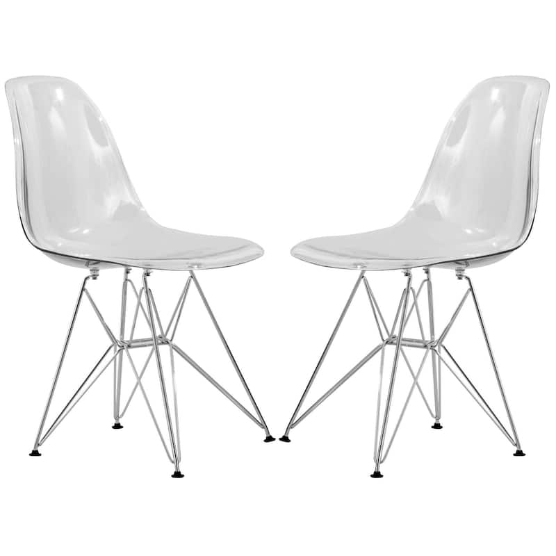 Cresco Transparent Acrylic Chairs with Chrome Eiffel Legs - Modern Dining Chairs for Kitchen Dining Room Home Office Set of 2 - Clear