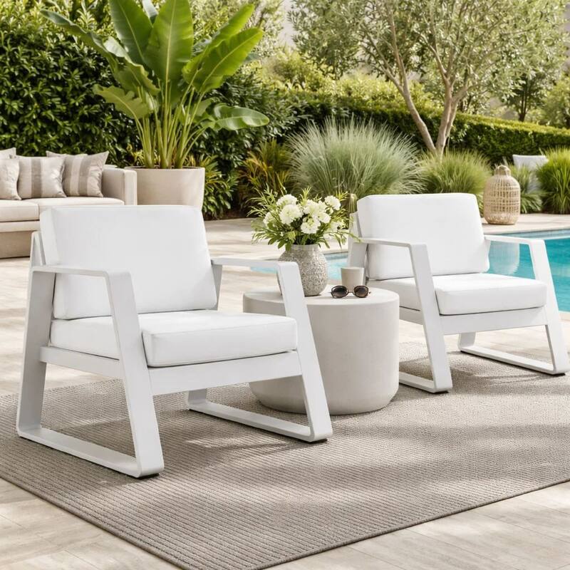 Xia 32 Inch Armchair, White Aluminum Frame, Fade Resistant Fabric Cushions