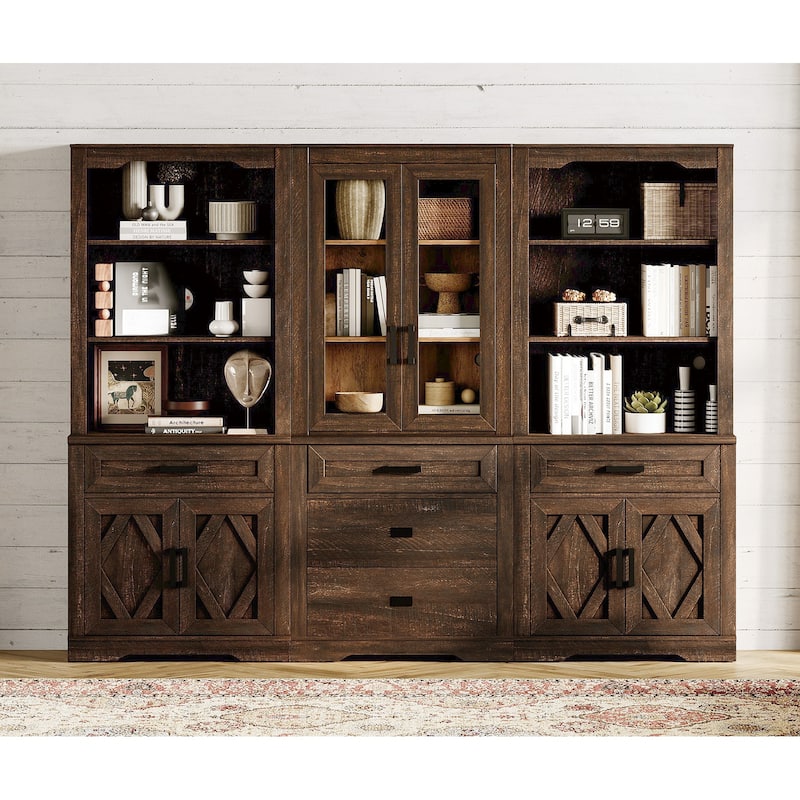 3-Column 73.3" Tall Bookshelf Set with Open Storage and Glass Doors - Rustic Brown - 2 Open Shelf&1 Glass Door