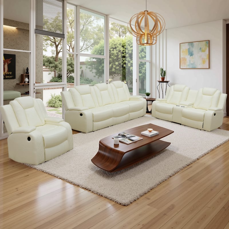 Modern 3-Piece Leather Recliner Sofa Set with LED, Wireless Charging