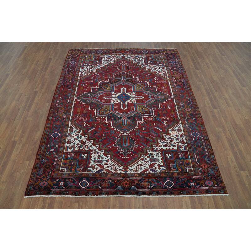 Red Geometric Heriz Serapi Persian Vintage Rug Handmade Wool Carpet - 7'5" x 9'11"