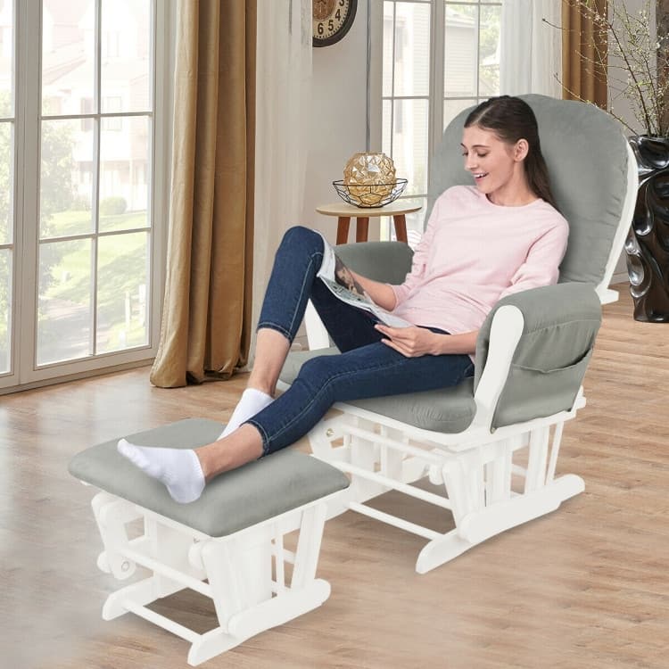 Solid Wood Gliding Chair Set with Storage Pockets and Ottoman for Relaxing - 29.5" x 28.5" x 39.5" (L x W x H)