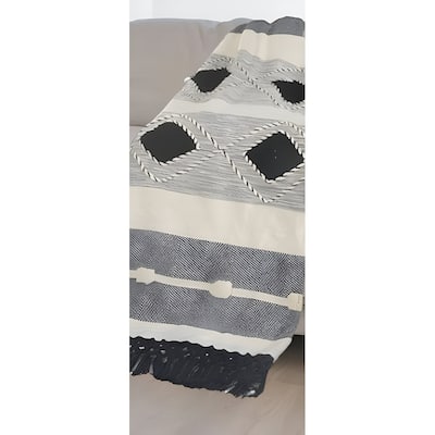 60" X 50" Black and Blue Woven Cotton Striped Throw Blanket with Tassels