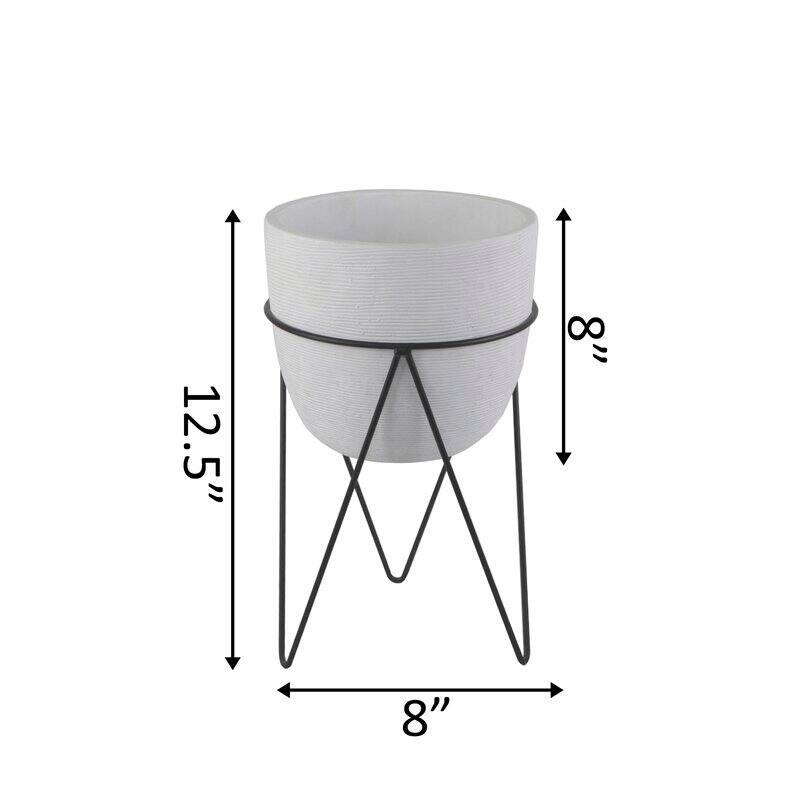 Mid-Century Cement Planter with Black Metal Stand