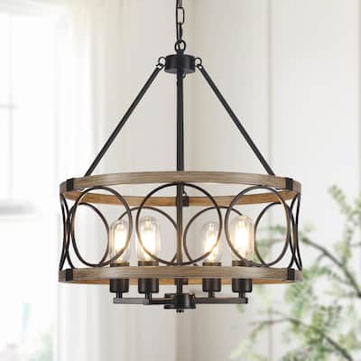 Rustic 4-Light Drum Chandelier with Metal Frame for Dining, Foyer - N/A