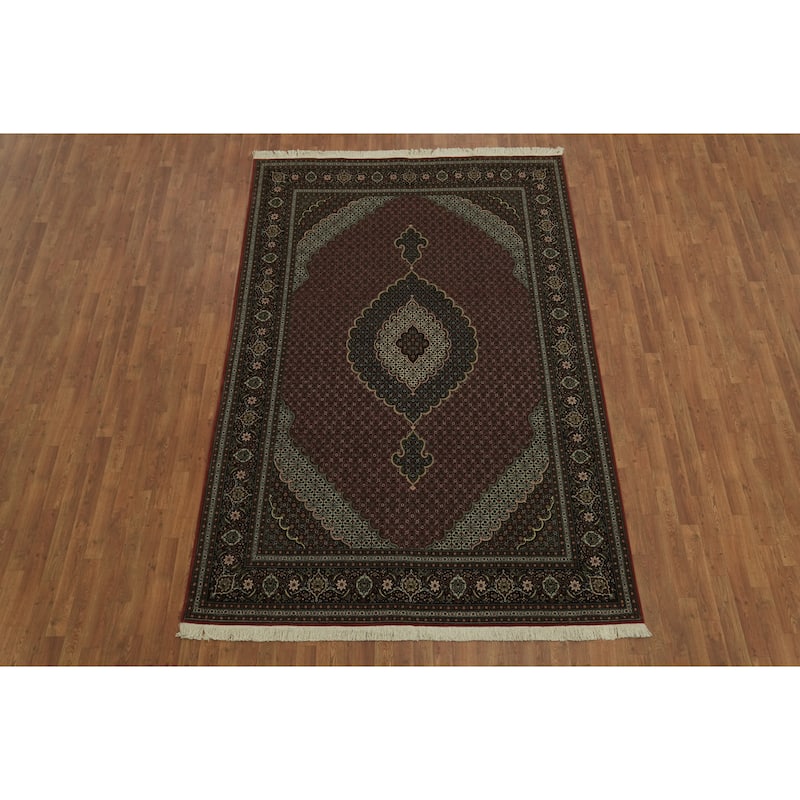 Hand Knotted Oriental Wool & Silk Carpet Traditional Geometric Red Tabriz-Mahi Area Rug - 10' 2'' X 6' 8''