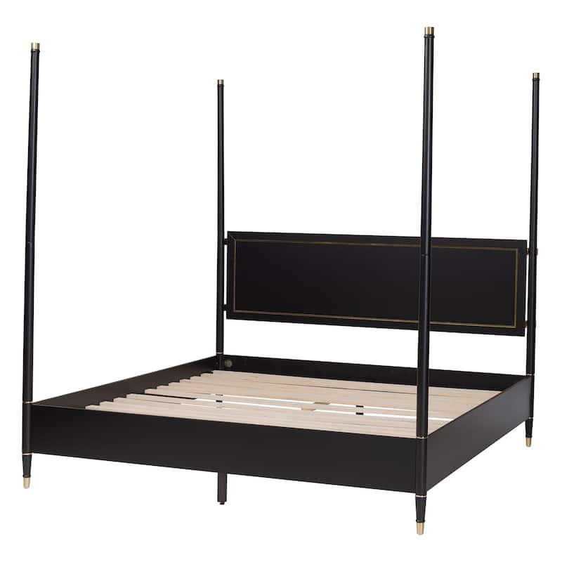 Tamra Four-Poster Platform Bed - Black Wood Bed Frame with Metallic Trim and Capped Legs, Modern Transitional Style, King