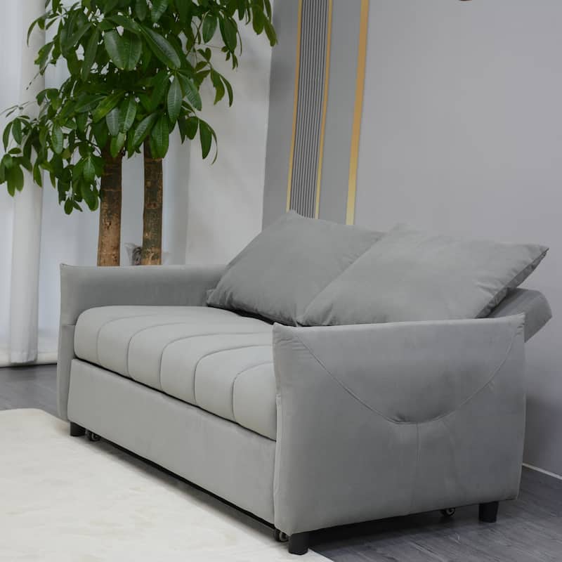 Convertible Sleeper Loveseat Sofa Bed, Adjustable Back, Velvet Fabric, Light Gray